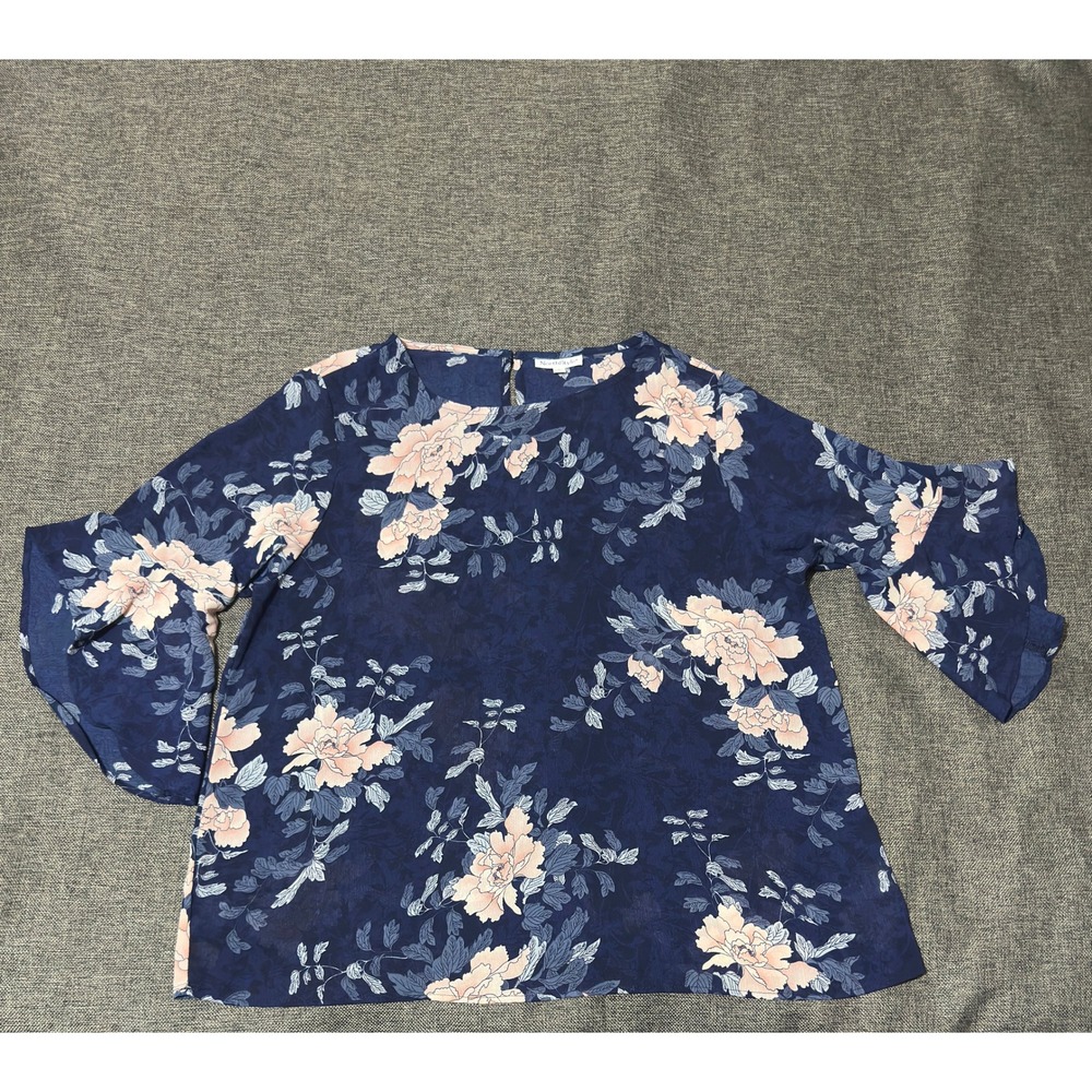 NorthStyle Women's 1X Blouse Navy‎ Blue Floral Bell Sleeve Chiffon Top
